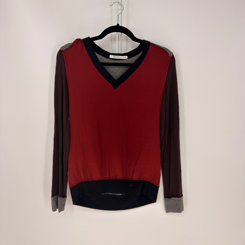 Bailey 44 Silk Mixed Media Top Women Small Red Brown Colorblock V-Neck Layering